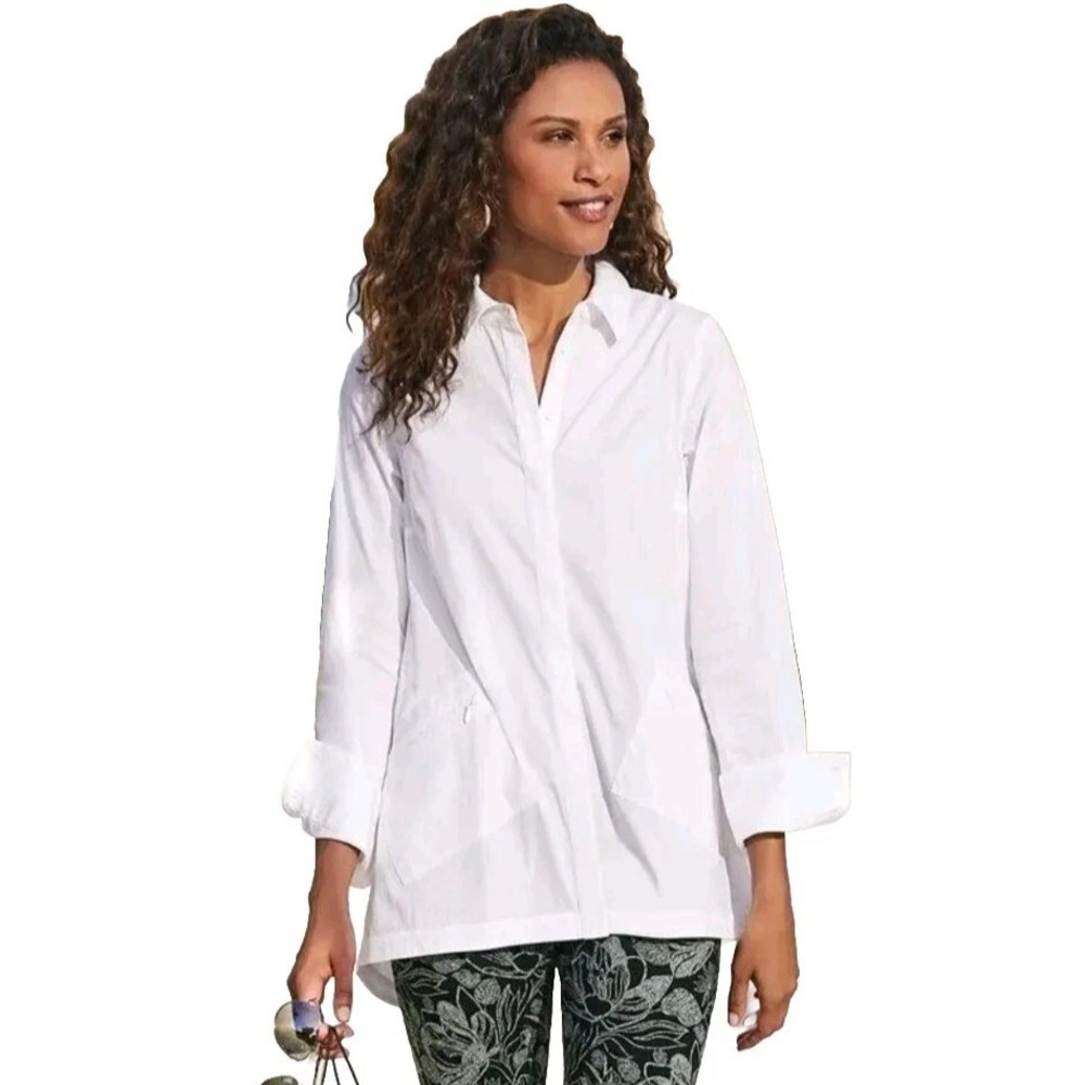 Soft Surroundings L White Poplin Button Up Shore Thing Shirt Pockets Lagenlook